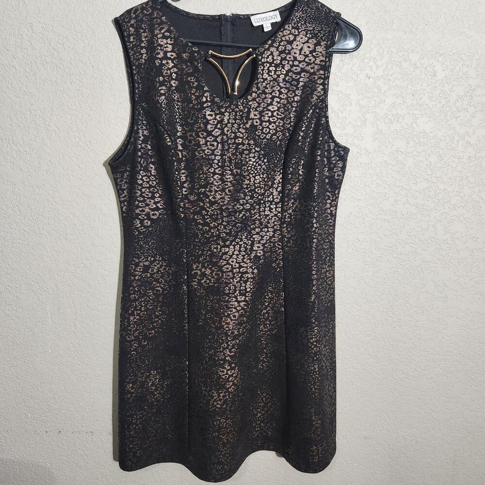 Luxology Dress Womens Large Black Bronze Leopard Sheath Sleeveless Keyhole